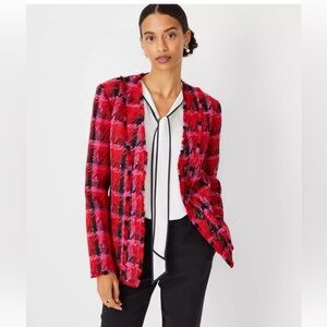 NWT $189 ANN TAYLOR  PINK MULTI HOUNDSTOOTH TWEED LONG CARDIGAN JACKET SZ 0
